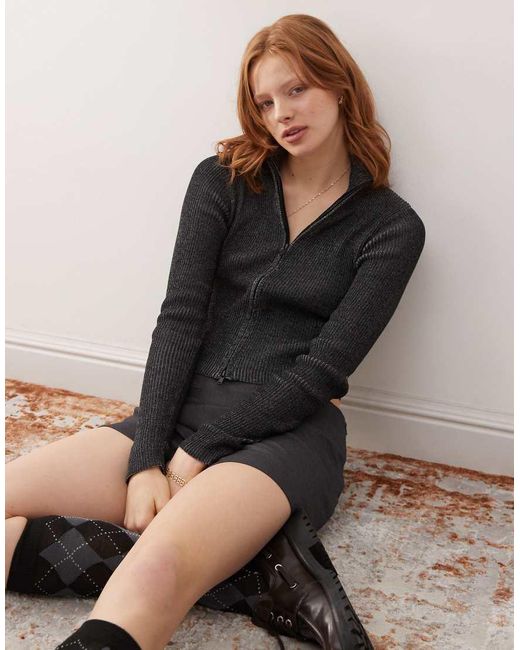 Monki Black Ribbed Knitted Double Zip Cardigan