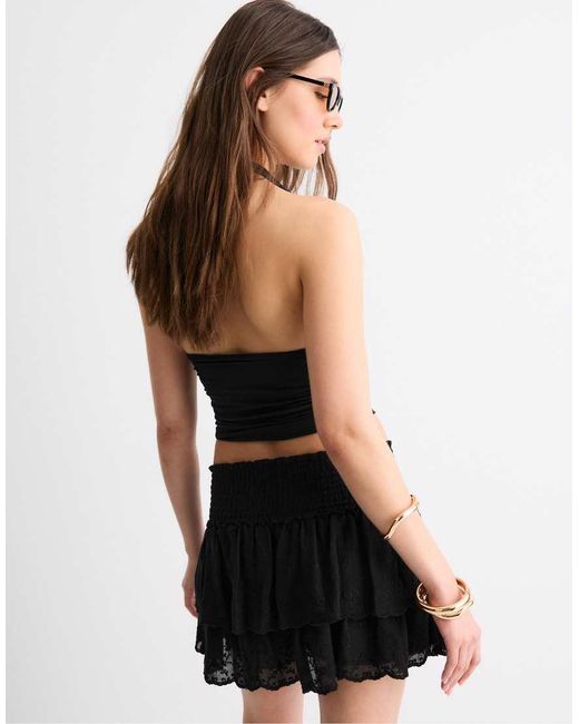 Stradivarius Black Embroidered Crinkled Skort