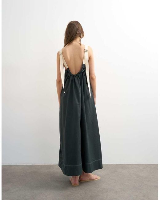 TOPSHOP Black Open Back Buckle Strap Midaxi Sundress With Contrast Topstitching