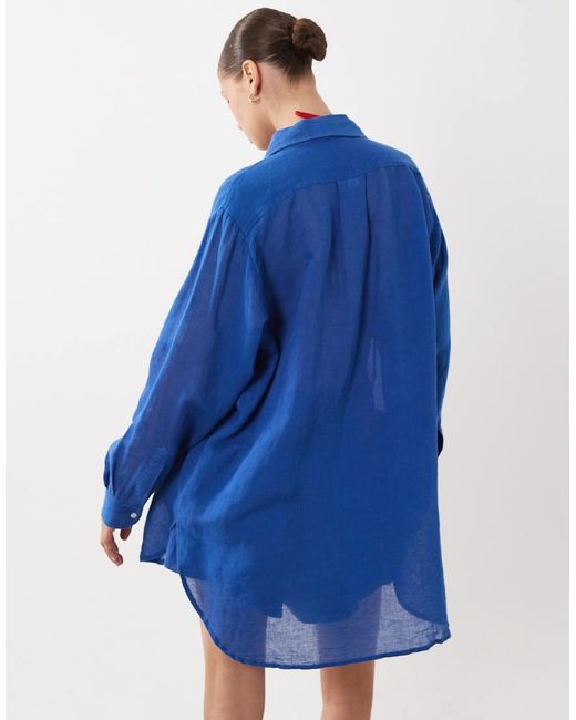 Polo Ralph Lauren Blue Oversized Cotton Linen Boyfriend Shirt