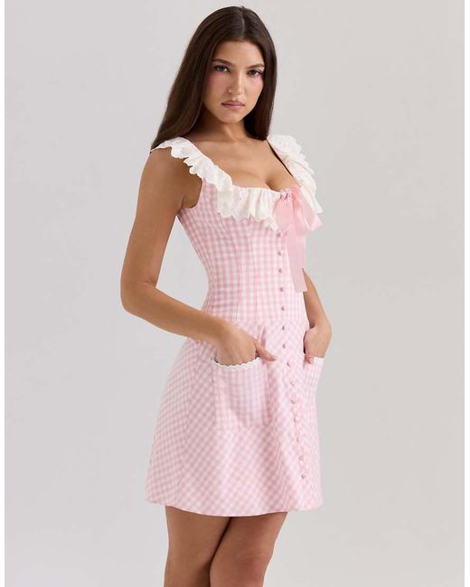 House Of Cb Pink Astra Cotton Ruffle Neck Mini Dress