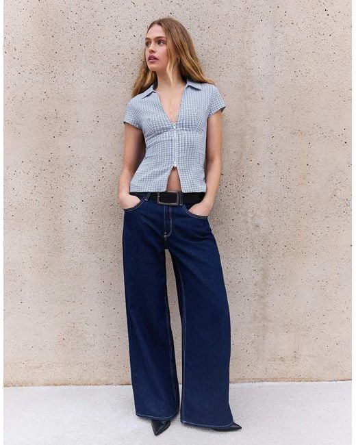 Bershka Blue Short Sleeve Zip Print Shirt