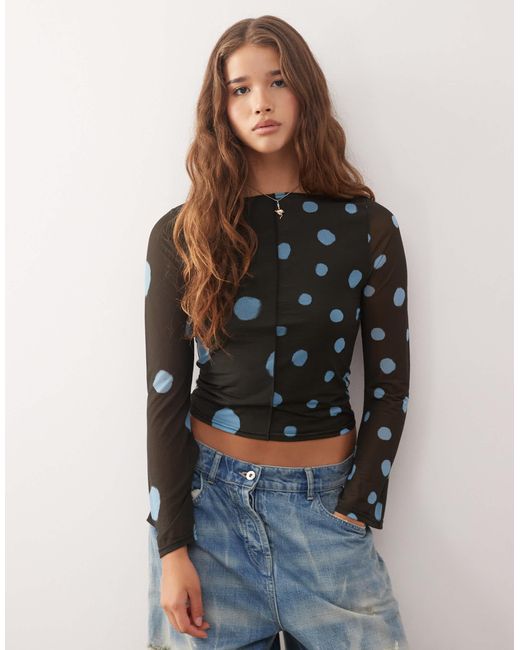 Reclaimed (vintage) Blue Slash Neck Flare Sleeve Top With Spliced Blurred Polka Dot Print