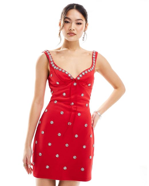 Vestido corto con escote corazón, diseño estructurado y abalorios ASOS de color Red