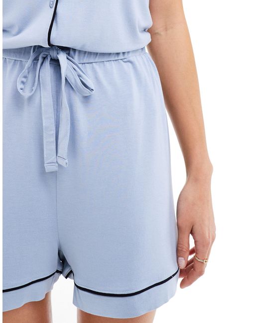 ASOS Blue Super Soft Short Sleeve Shirt & Shorts Pyjama Set With Contrast Piping