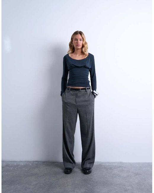 TOPSHOP Gerimpelde Top Van Cupro Met Lange Mouwen En Lage Ronde Hals in het Blue