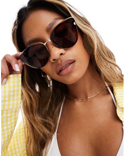 River Island Brown Oversized Metal Cateye Sunglasses