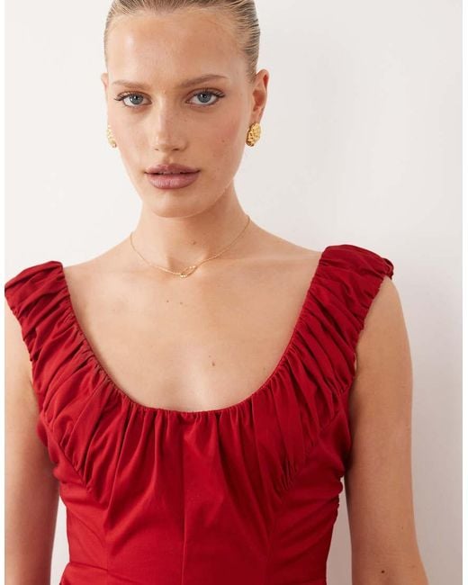 ASOS Red Structu Ruched Curve Neck Peplum Midi Dress