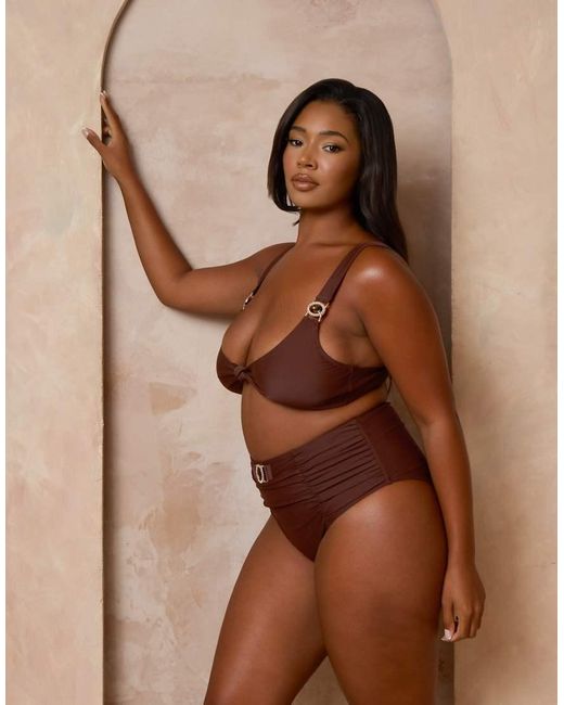 Moda Minx Curve Brown X Alessa Tyrrell-charles Ruched Bikini Bottoms With Faux Gem Detail