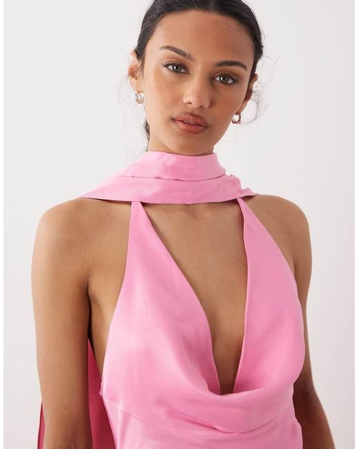 ASOS Pink Satin Cowl Neck Scarf Maxi Dress In