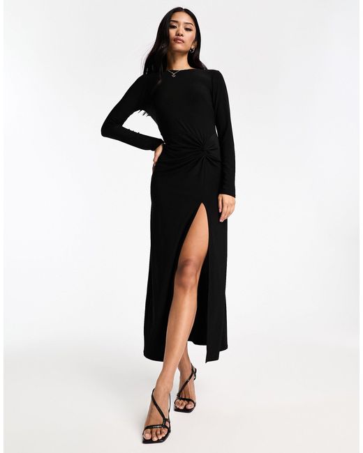 New Look Black Long Sleeve Ruched Midi Dress