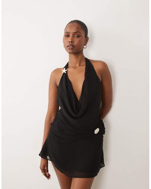 Oh Polly Natural Plunging Halter Neck Backless Mini Dress