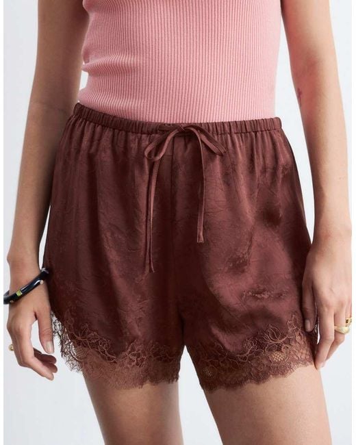 & Other Stories Brown Jacquard Satin Shorts With Lace Trim