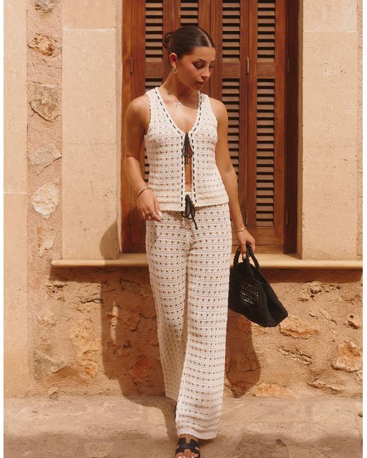 The Frolic Brown X Lydia Kara Exclusive Crochet Contrast Thread Trim Wide Leg Beach Trouser Co-ord