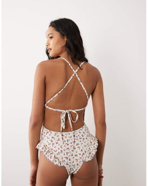 For Love & Lemons White Cherry Mae Ribbon Detail Tie Back Swimsuit