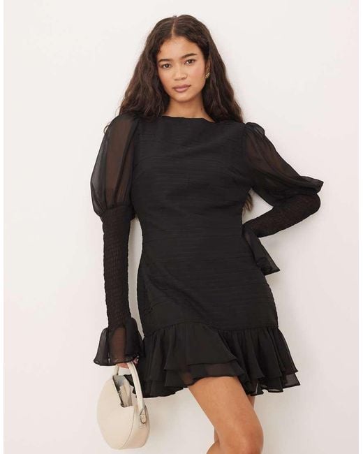ASOS Black Slash Neck Dropped Waist Mini Dress With Shirred Sleeves