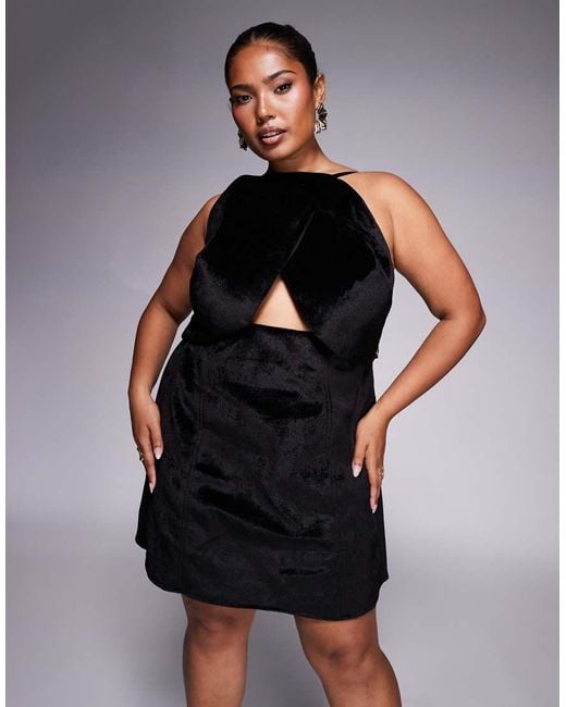 ASOS Black Asos Design Curve Velvet Structured Mini Dress With Cutwork Embellishment