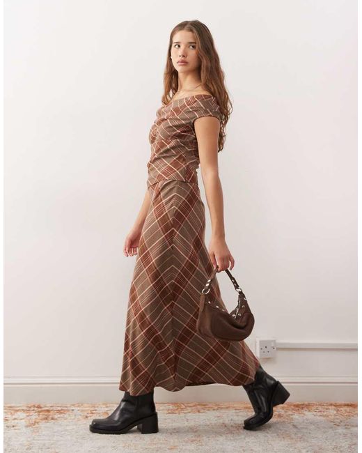 Reclaimed Vintage Brown Check Print Tailored Maxi Skirt Co-Ord