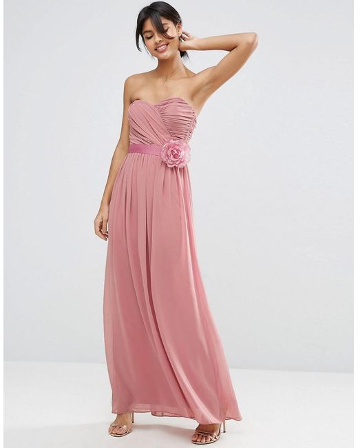 ASOS Pink Design Bridesmaid Chiffon Bandeau Maxi Dress With Detachable Corsage