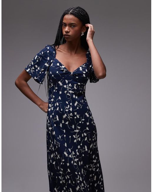 Vestito Con Stampa Astratta, Maniche A Sbuffo, Gonna Al Polpaccio E Scollo A Cuore Con Intreccio di & Other Stories in Blue