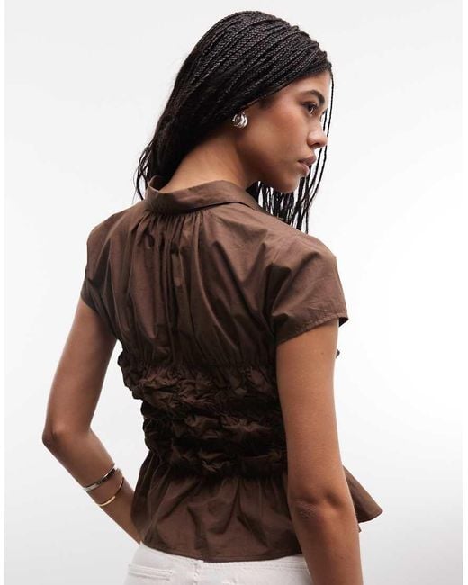 Collusion Brown Ruched Fitted Short Sleeve Shirt