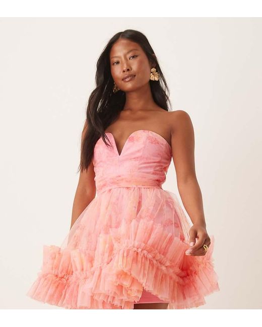 LACE & BEADS Pink Ruffle Hem Sweetheart Mini Tulle Dress