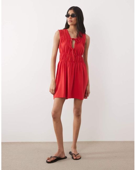 ASOS Red Shir Tie Front Mini Dress