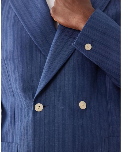 ASOS Blue Linen Blend Regular Double Breasted Suit Jacket for men
