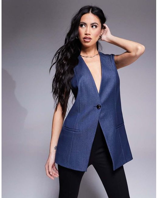 River Island Blue Longline Denim Waistcoat