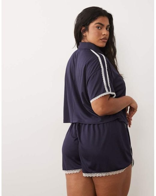 ASOS Blue Asos Design Curve Tricot Runner Short Co-ord With Lace Detail