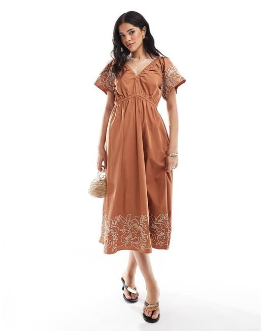 French Connection Brown Cambria Cotton Embroidered Midi Dress