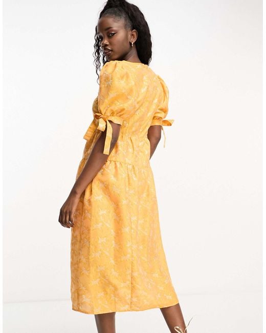 Monki Balloon Sleeve Floral Shimmer Brocade Midi Dress in Orange Lyst