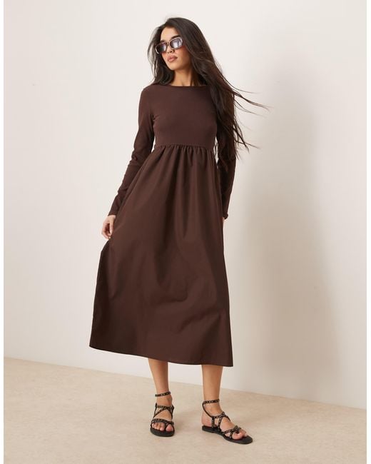 Threadbare Brown Long Sleeve Midi Dress With Poplin Skirt