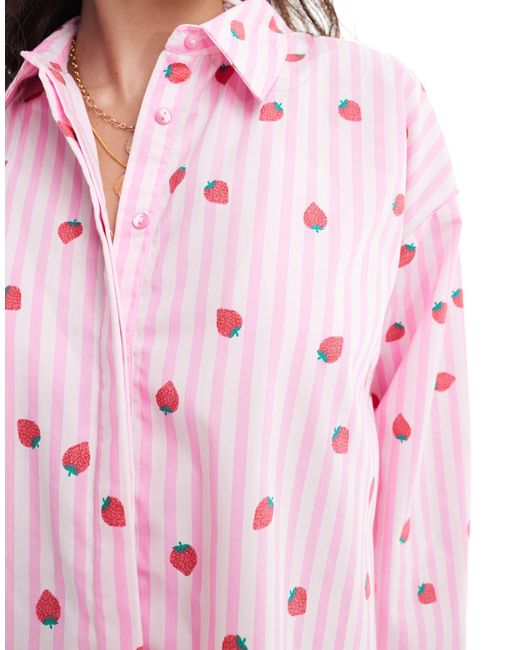 Pieces Pink Strawberry Stripe Oversized Shirt