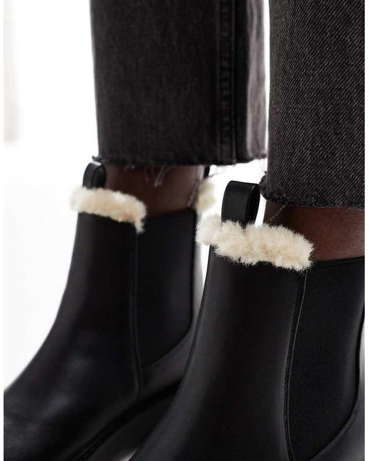 London Rebel Black Lois Faux Fur Lined Chunky Chelsea Boots