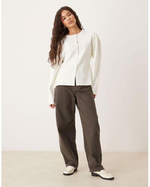 ASOS Natural Structured Knit Nipped Waist Puff Sleeve Cardigan