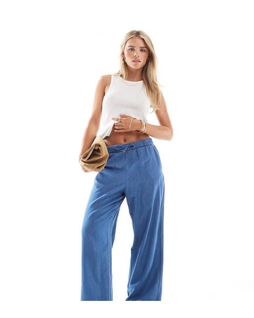 Only Petite Blue Tie Waist Wide Leg Denim Trousers
