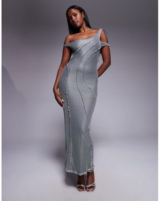 ASOS Women's Gray Off Shoulder Textured Maxi Dress With Seam Detail
