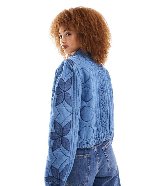 Free People Blue Quilted Patch Insert Denim Jacket