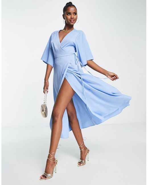 Liquorish Wrap Midi Dress With Kimono Sleeves in Blue | Lyst UK