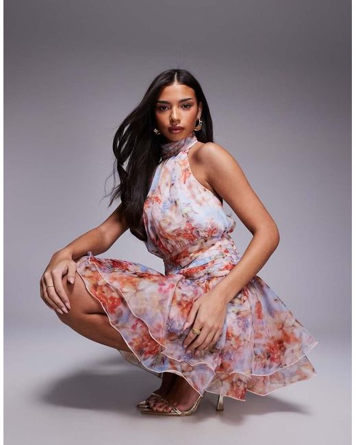 ASOS Multicolor Halter Mini Dress With Organza Skirt