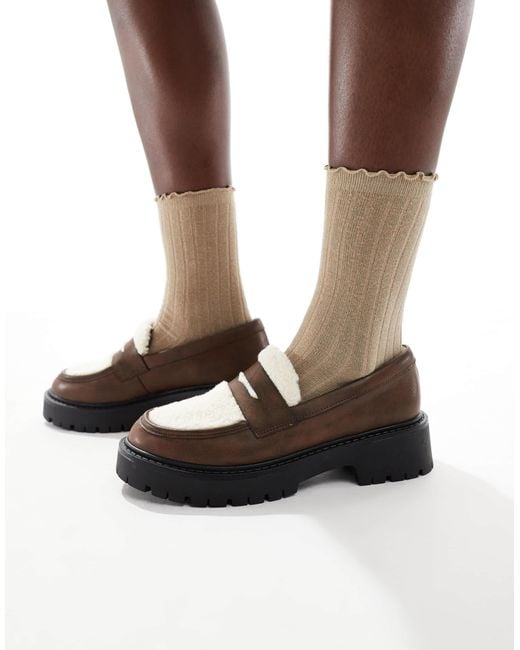 London Rebel Brown Olivia Contrast Teddy Fur Chunky Loafers
