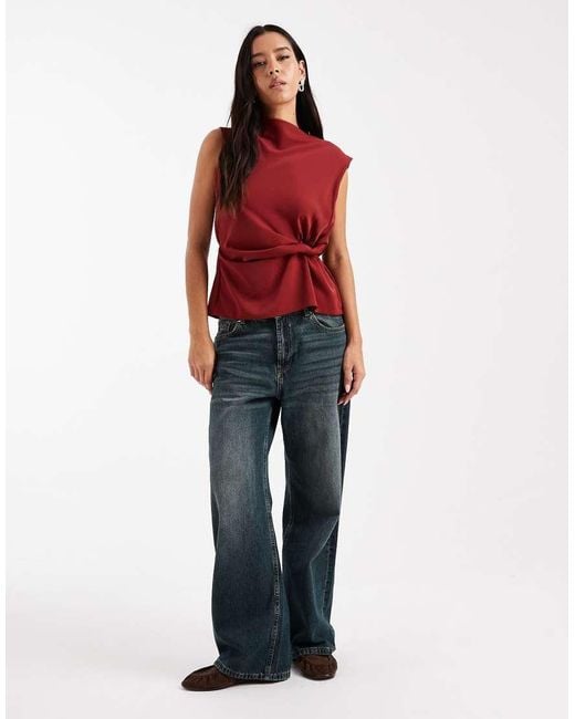 ASOS Red Cowl Neck Sleeveless Top With Twist Waist Detail