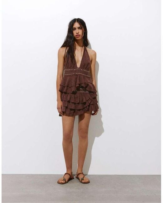 Pull&Bear Brown Halter Top With Ruffle Studs