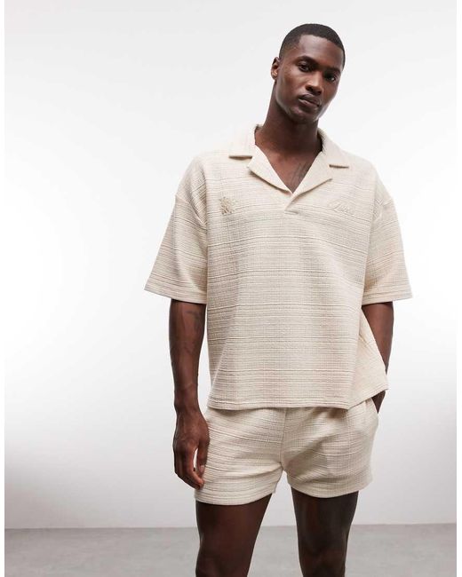 ASOS Natural Heavyweight Oversized Polo Shirt With Satin Chest Embroidery for men