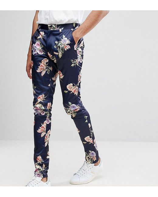 ASOS Blue Tall Wedding Super Skinny Suit Trousers With Navy Floral Print for men