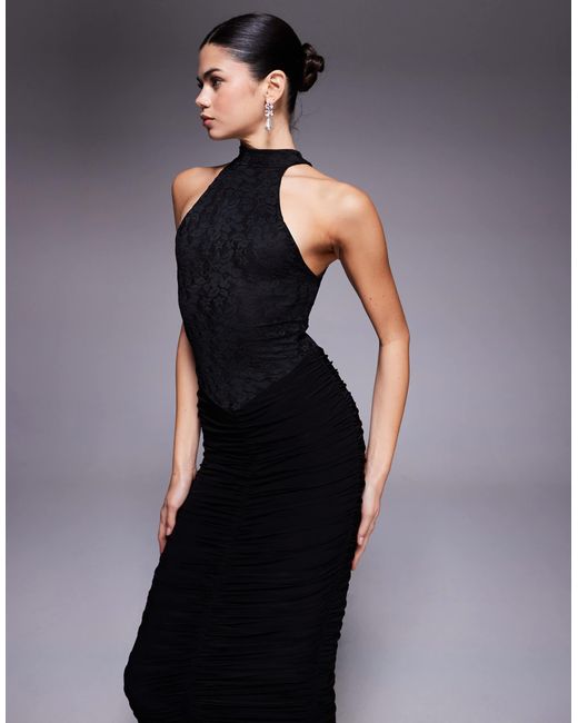 Kaiia Blue Exclusive Double Layered Slinky Lace High Neck Ruched Maxi Dress