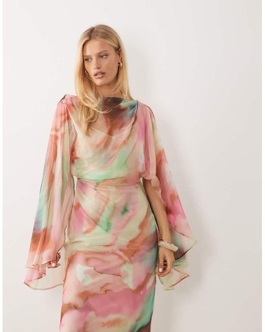 ASOS Pink Kimono Sleeve Cape Detail Draped Midaxi Dress With Open Back