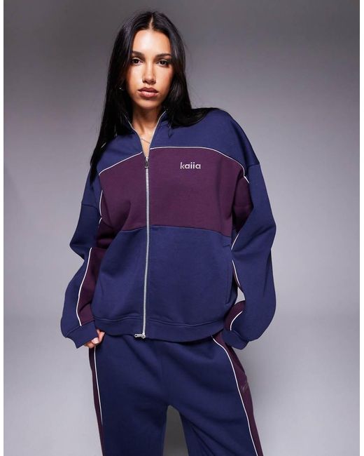 Kaiia Blue Cotton Rich Contrast Stripe Oversized Zip Through Sweatshirt Co-ord