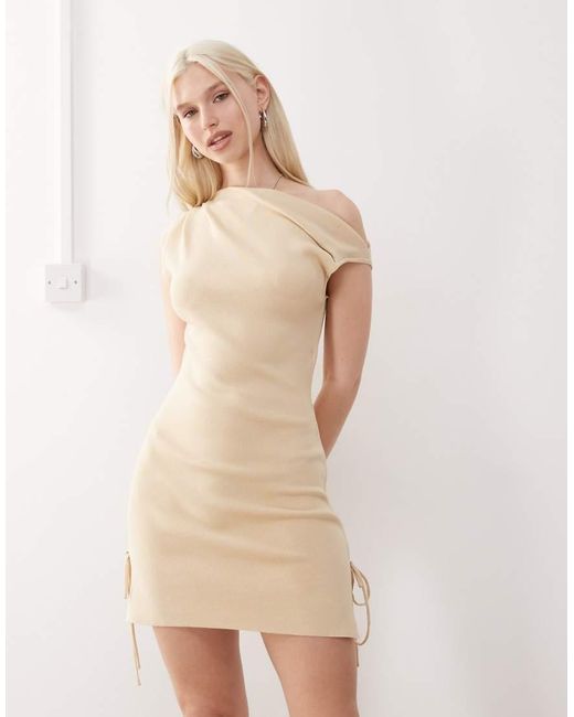 Lioness Natural Original Sin Fine Knit Off Shoulder Gathered Side Split Hem Mini Dress